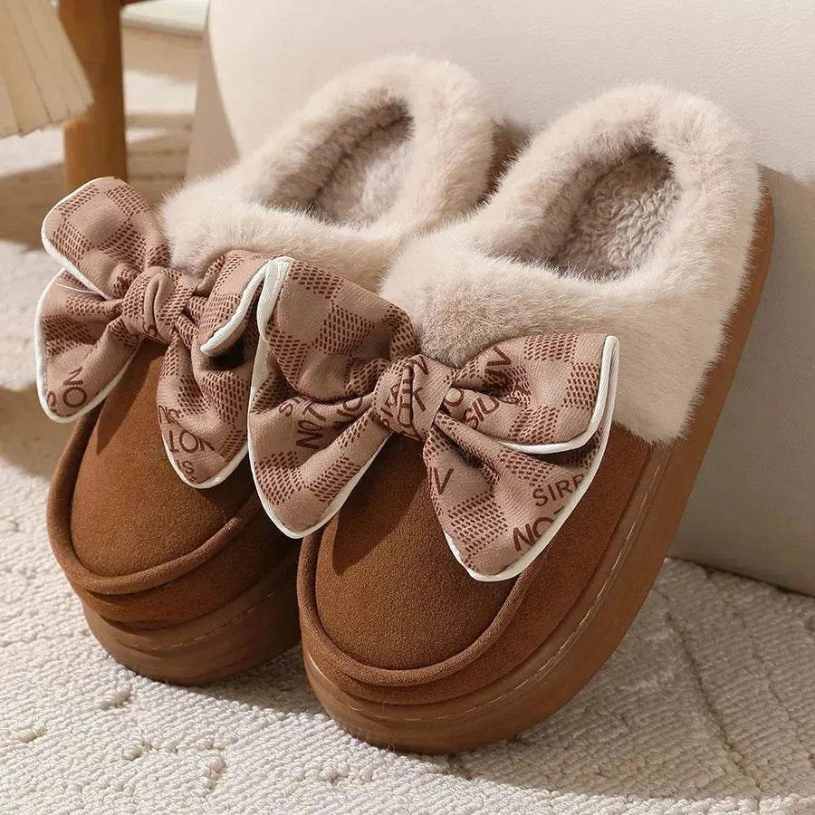 Cute Bowknot Plush Slipper Winter Warm Indoor Floor Bedroom Home Slippers For Women Fashion Thick-soled Solid House Shoes Snow Mountain Snow Snow Grip