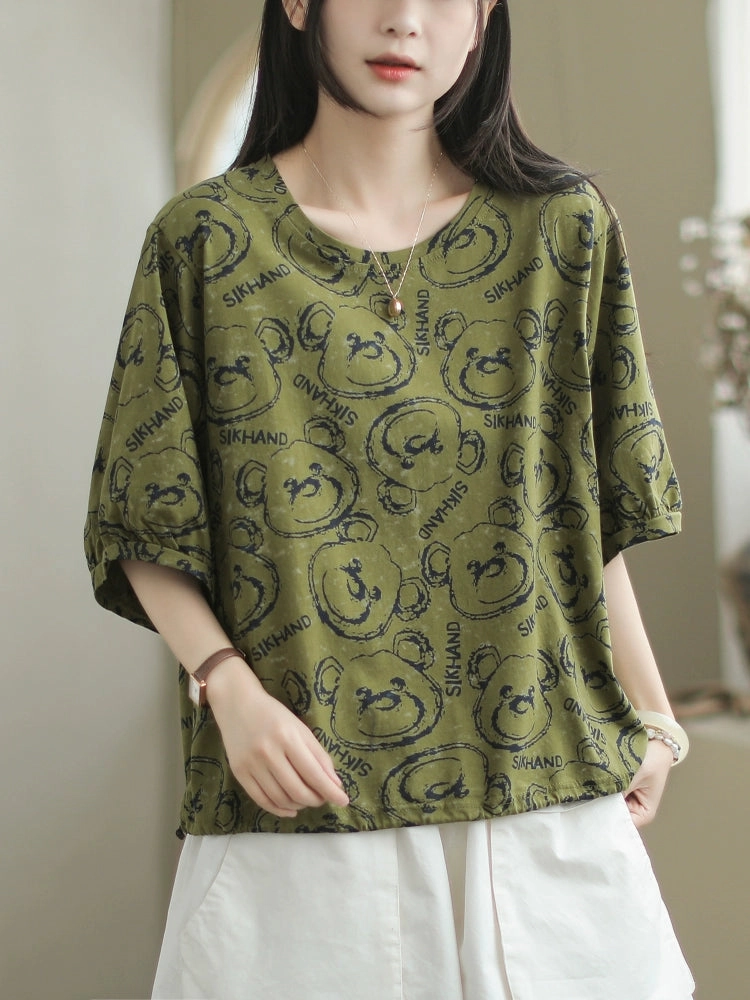 Women Summer Fashionable Versatile Round Neck Printed T-shirt Seamless Edging