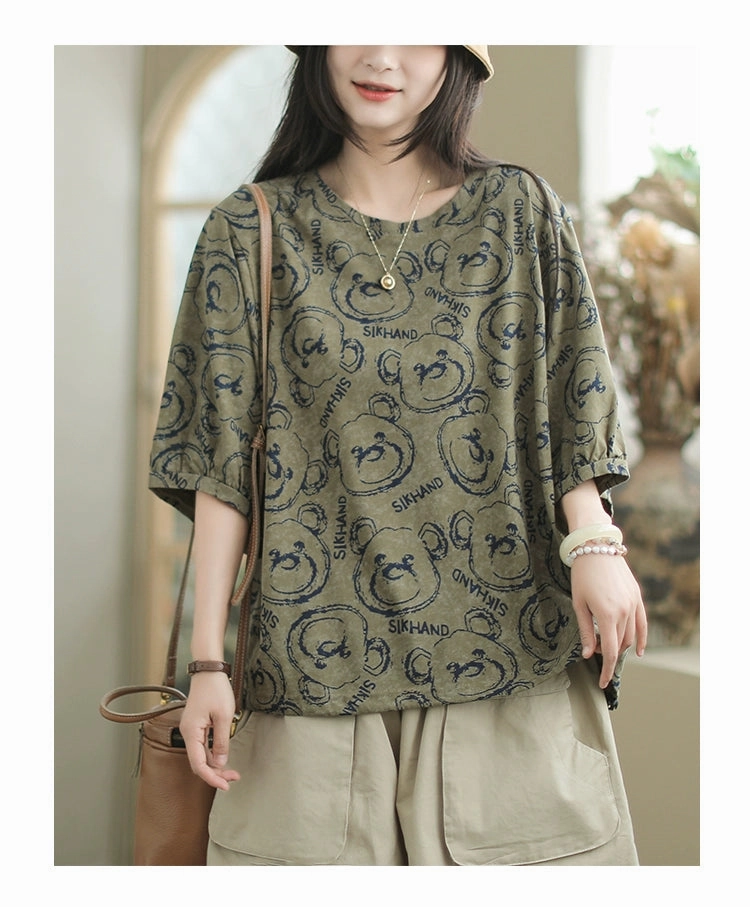 Women Summer Fashionable Versatile Round Neck Printed T-shirt Sweat Absorbent Lightweight Material