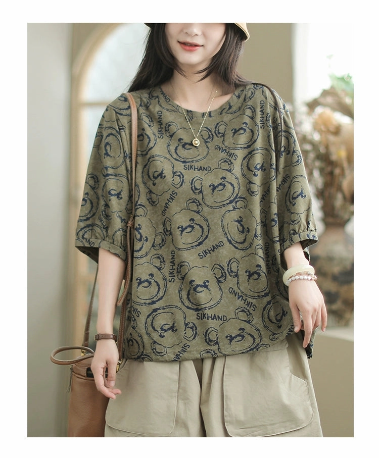 Women Summer Fashionable Versatile Round Neck Printed T-shirt WaterRepellent Coating