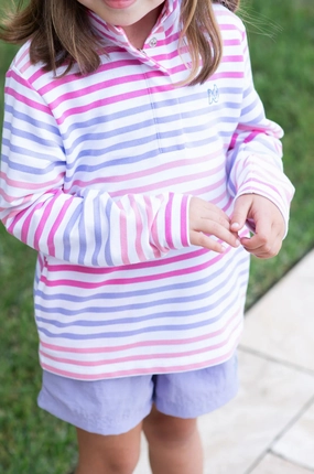 Fashionable Active - wear Sporty Snap Pullover in Pink Carnation Multi Stripe