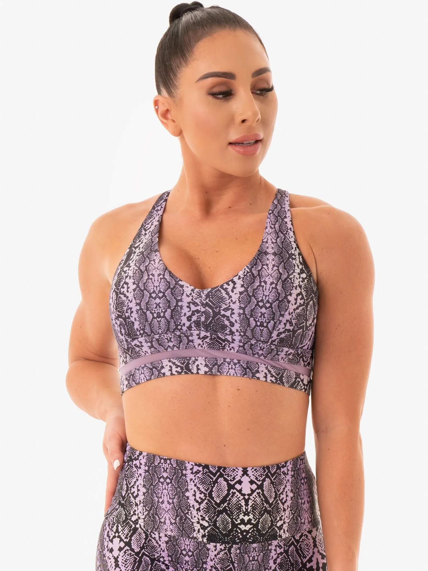 NEM X RW Sports Bra - Purple Snake Non-Binding Band simple design