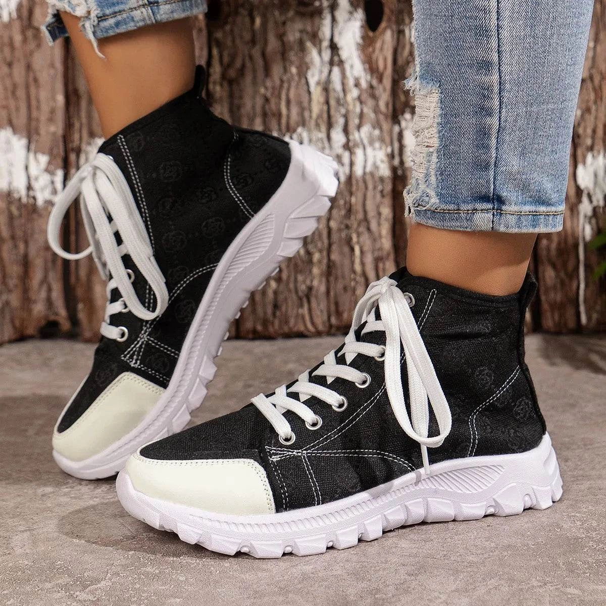 Water-resistant Snow Footwear Rose-printed Lace-up Boots Fashion Breathable Canvas Shoes Sports Casual Non-slip Thick-soled Short Boot For Women
