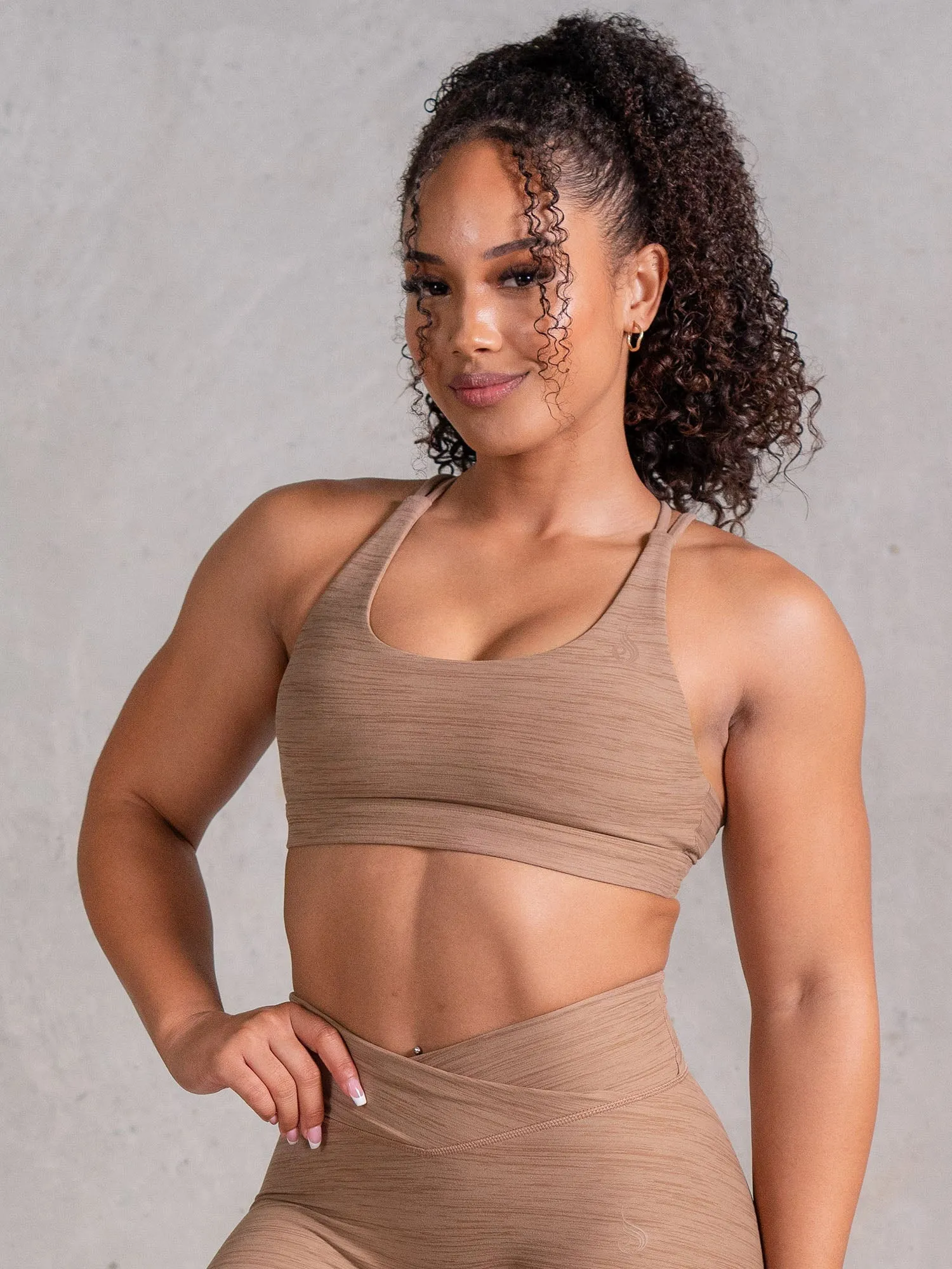 Icon Scoop Neck Sports Bra - Mocha Marl Hemmed edges seams