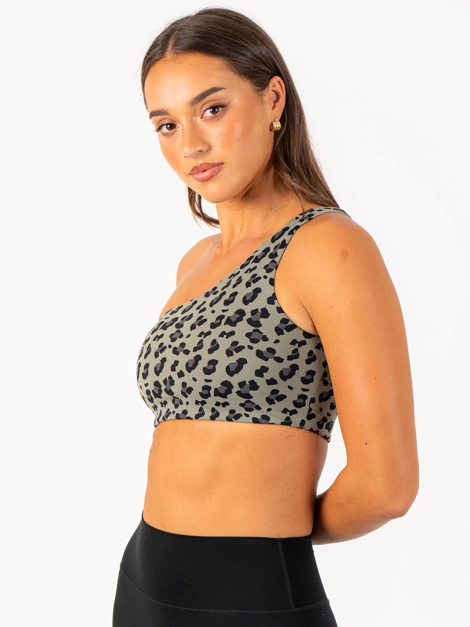 Non-Slip Design Adapt One Shoulder Sports Bra - Khaki Leopard