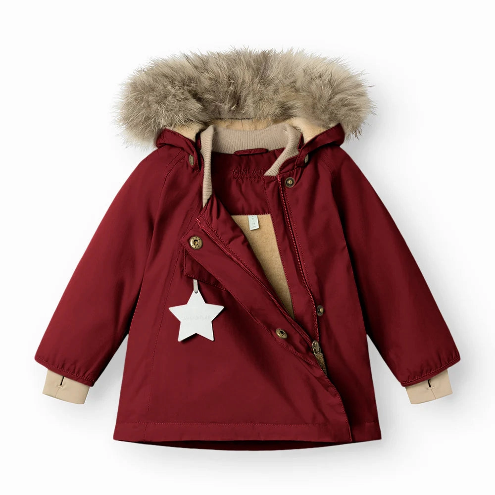 >MINI A TURE Kids WANG Winter Jacket w/ Fur Hat - Red Merlot Beachwear for children