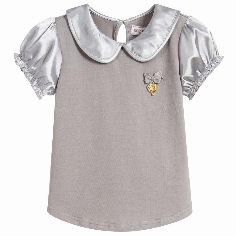 Colorful kids' clothes Angel's Face Girls Satin Short Sleeves Top - Ash Grey