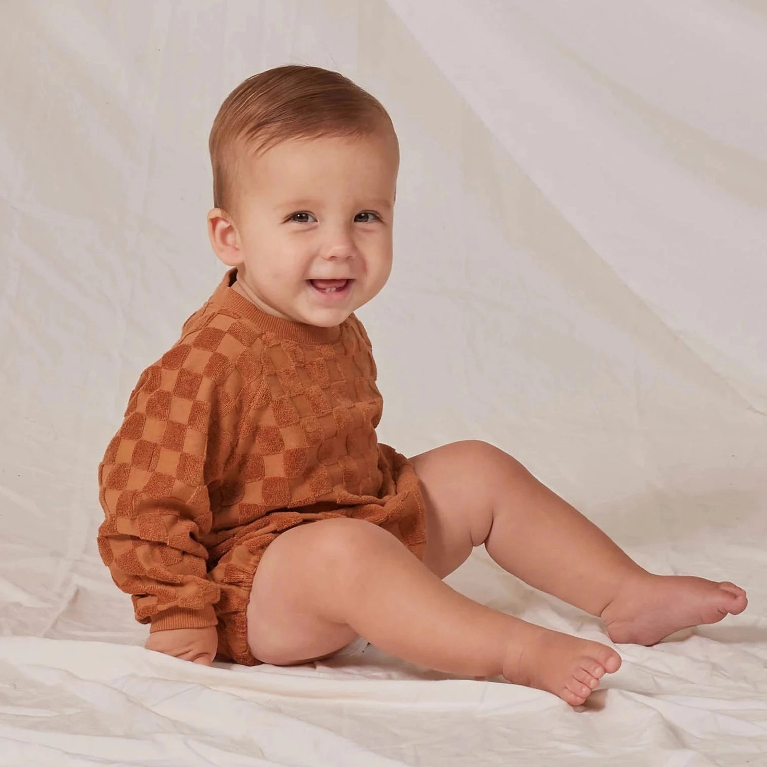 Kid's trendy wear Rylee   Cru Kids Unisex BUBBLE TERRY ROMPER - CAMEL CHECK