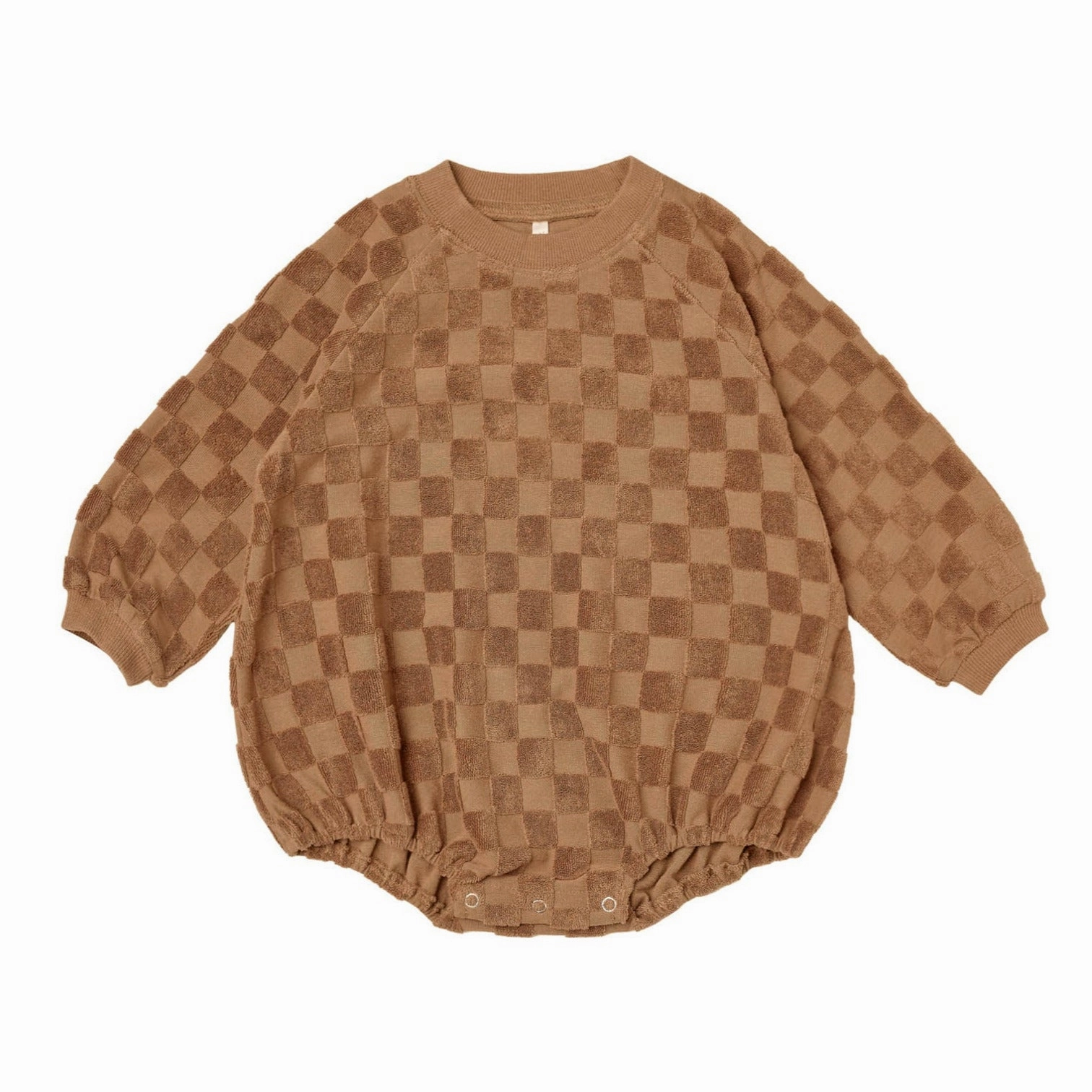 Rylee   Cru Kids Unisex BUBBLE TERRY ROMPER - CAMEL CHECK Durable kids' clothing Iridescent kids' apparel