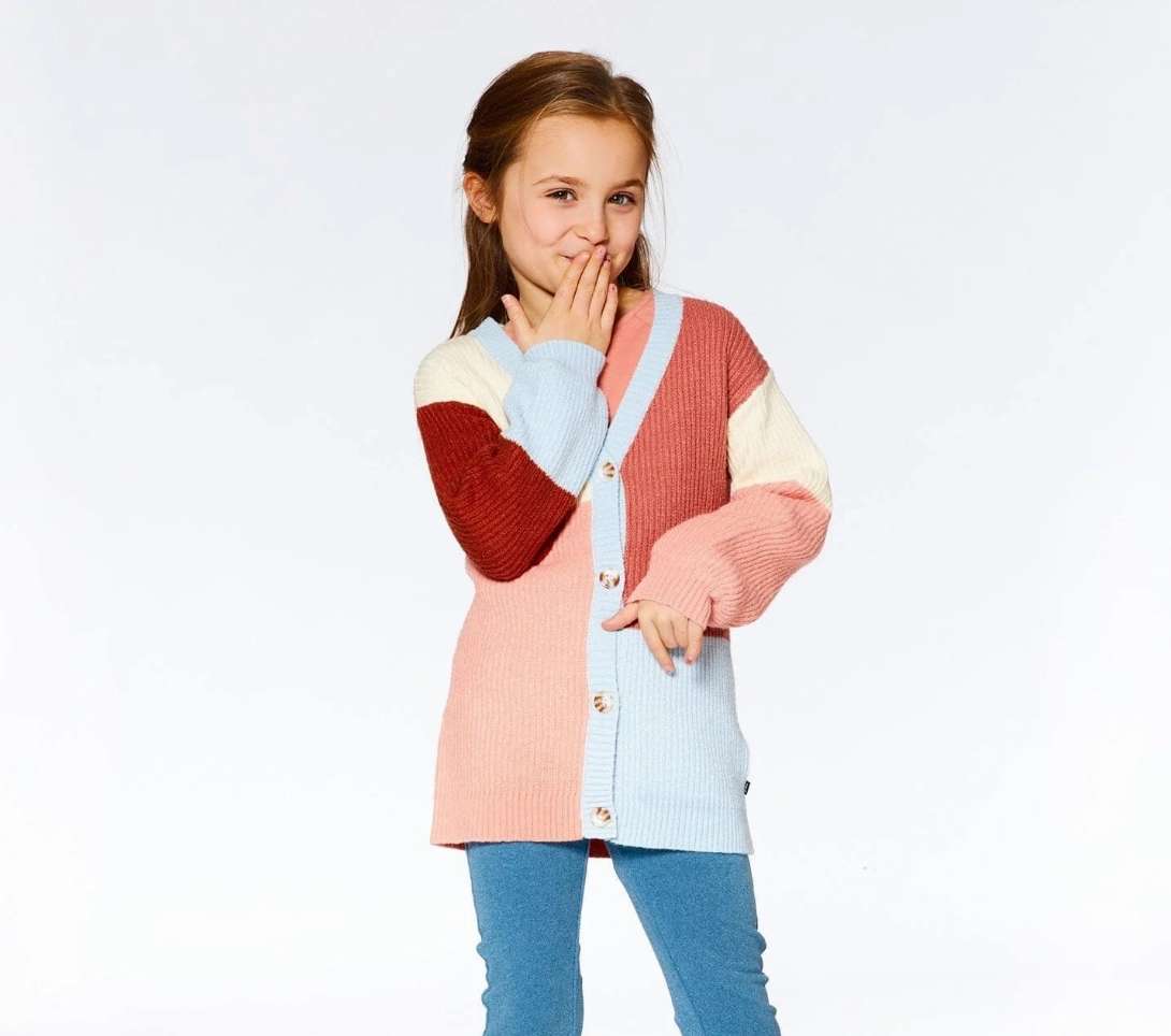 Plain kids' clothes Color Block Knitted Cardigan | Salmon Pink, Sky, Terra Cotta
