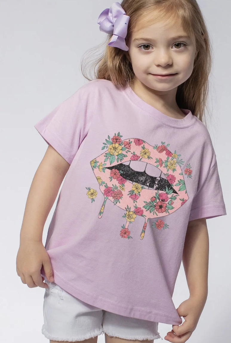 Kids Flower Lips Graphic Tees Beaded Summer