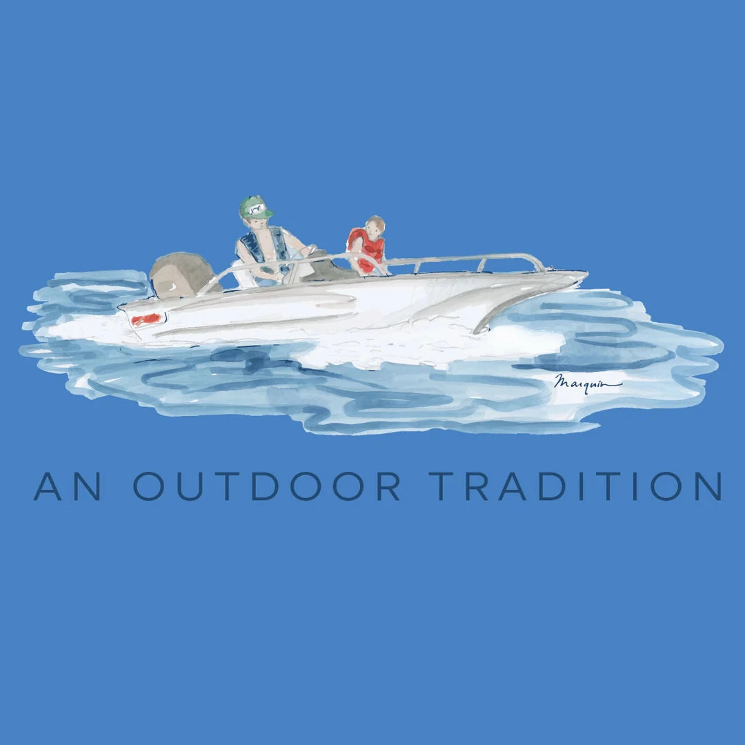 Kids Pro Performance Short Sleeve Fishing T-shirt in Marina Blue with Father Son Fishing Boat Kid's trendy wear