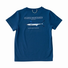 Unisex kids' clothing Kids Pro Performance Short Sleeve Fishing T-shirt in Set Sail Navy Blue with White Marlin Fish