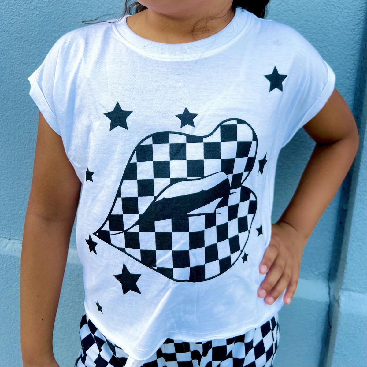 Outerwear Kiss Lips in Checkered Tween Tee
