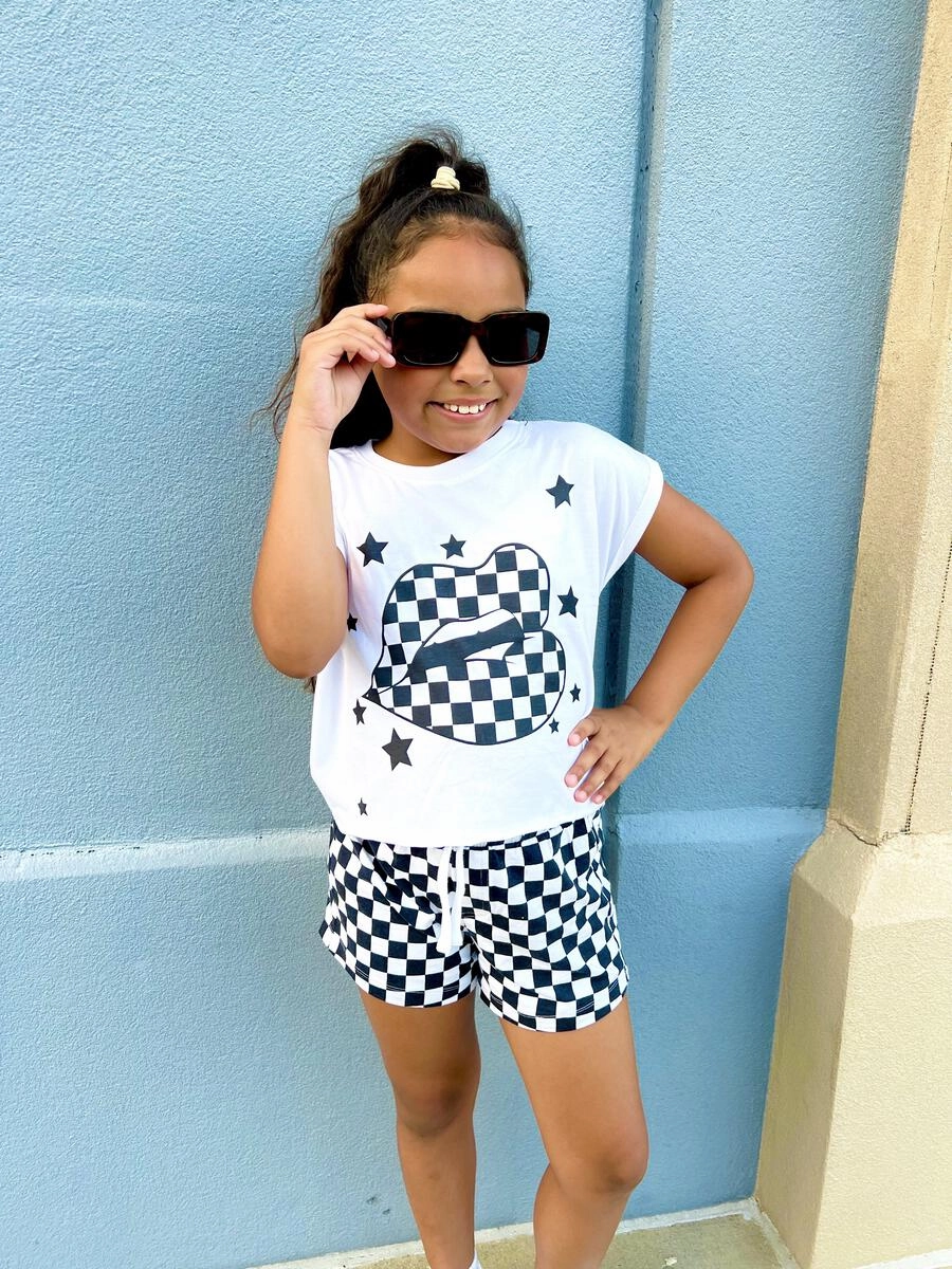 Striped kids' clothing Floral kids' apparel Kiss Lips in Checkered Tween Tee