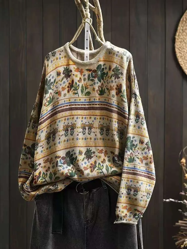 Winter Style Must-Have Babakud Women Autumn Retro Cotton Printed Pullover Sweater