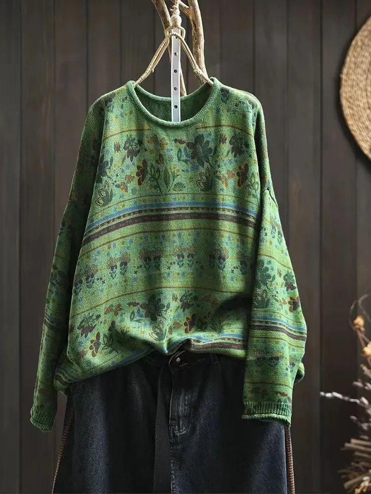 Relaxed Cut Babakud Women Autumn Retro Cotton Printed Pullover Sweater