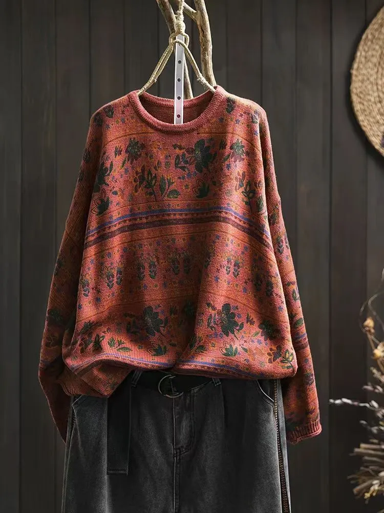 Babakud Women Autumn Retro Cotton Printed Pullover Sweater Timeless Knitwear