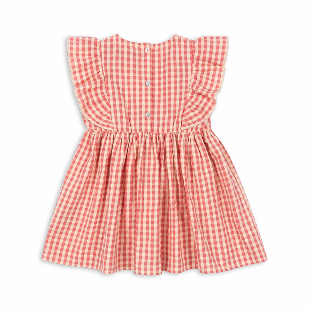 Piped Indoor Konges Sloejd Kids Kim Frill Dress Gots - Flamingo Plume Check
