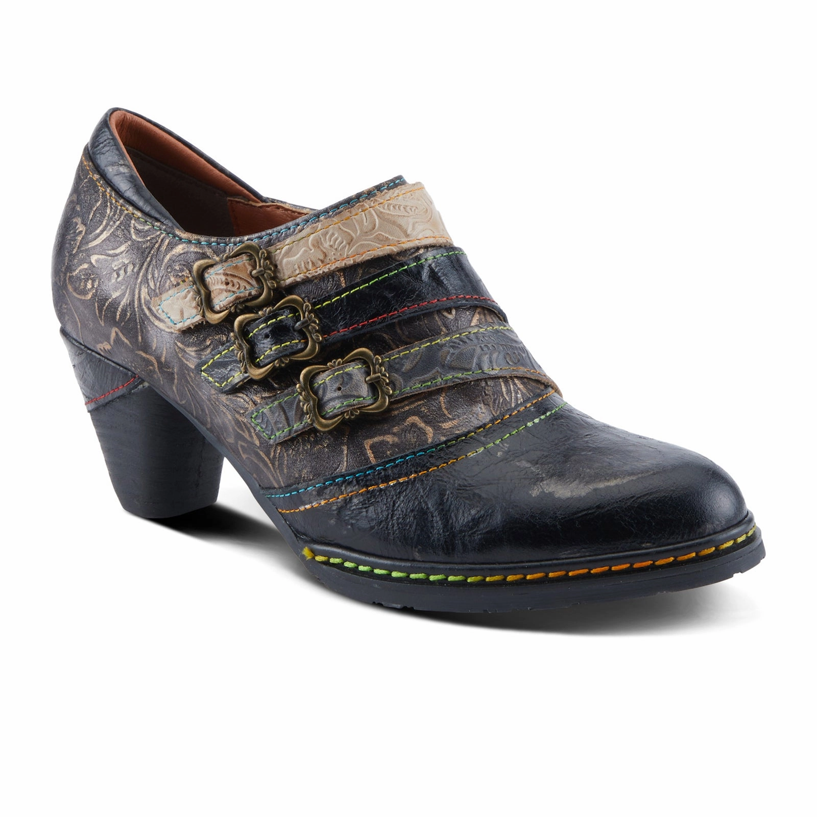 Trendy Shoes Supportive Design L'Artiste Graphic Heeled Ankle Boot (Women) - Black Metallic