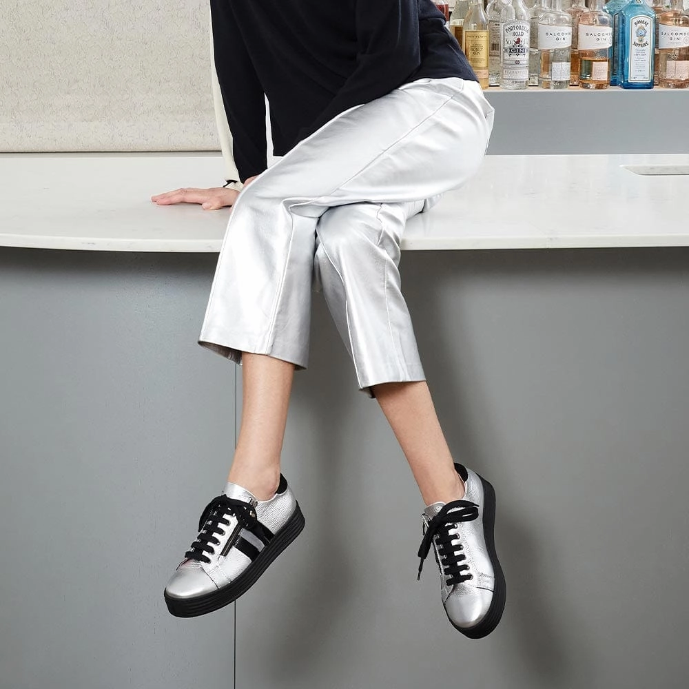 Breathable Knit Upper Running Errands Harley Stripe: Silver Leather & Black Pony