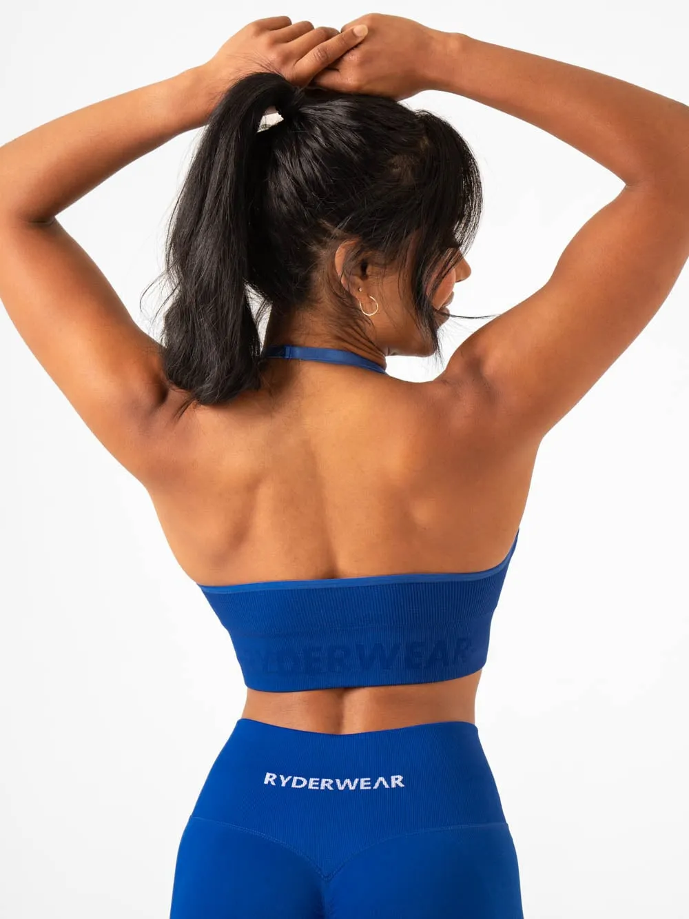 Matching set seams Supportive Design Lift Rib Seamless Halter Sports Bra - Cobalt Blue