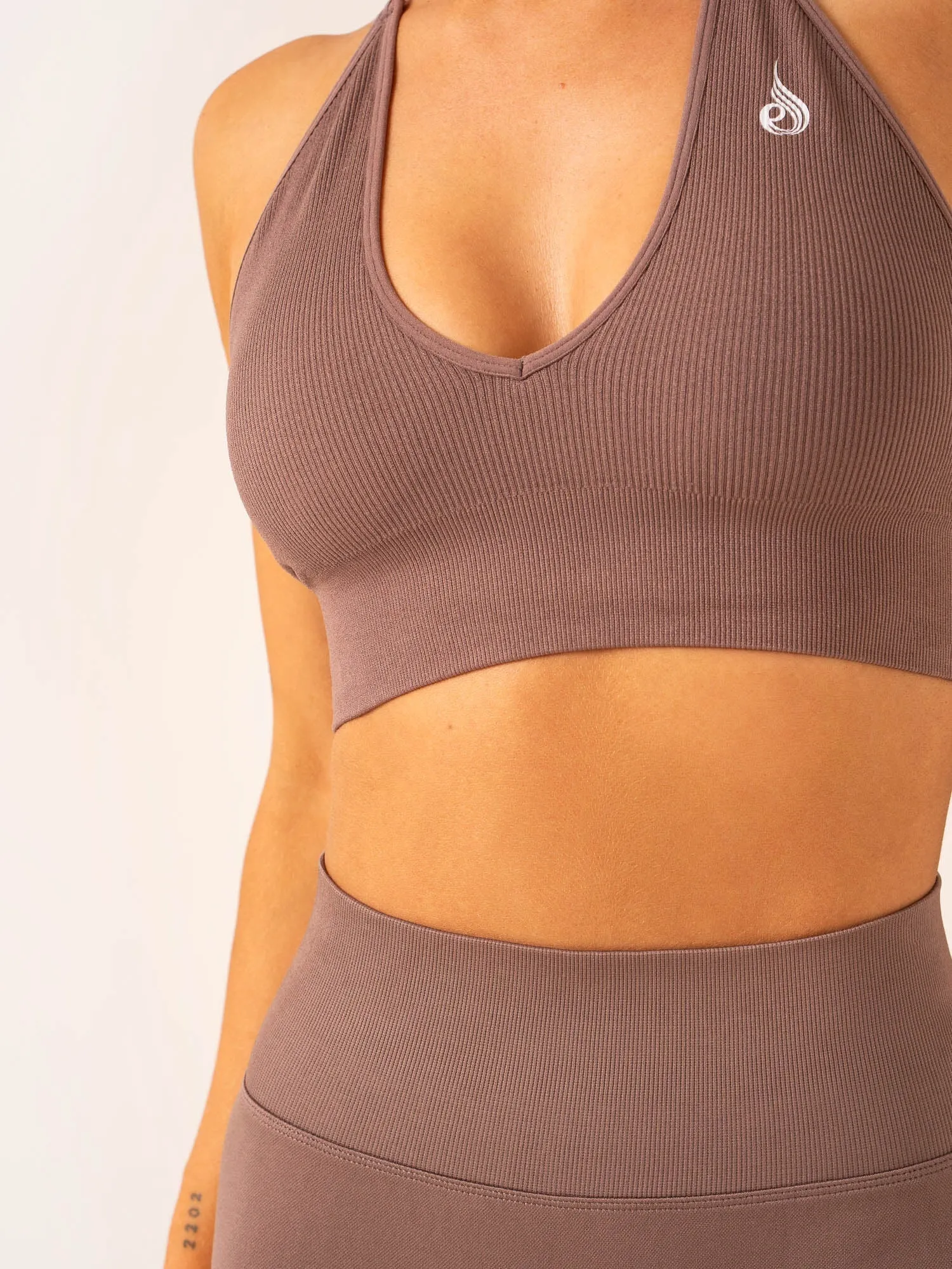Lift Rib Seamless Halter Sports Bra - Deep Taupe Organic activewear Topstitching seams