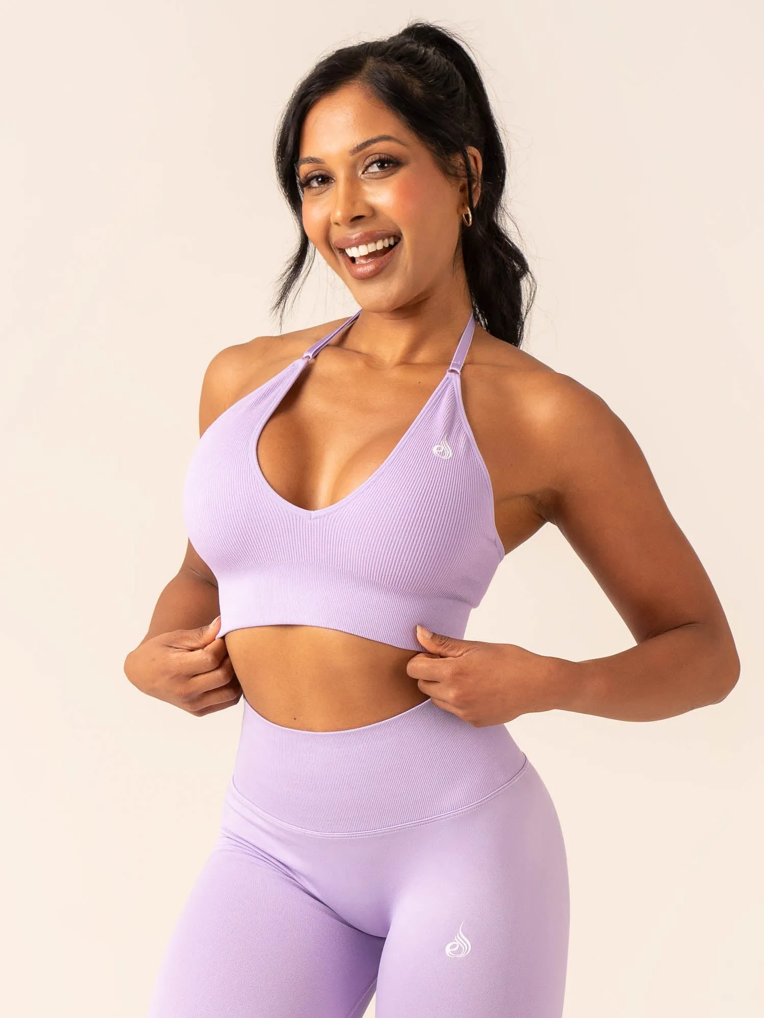 Plain fitness clothing Lift Rib Seamless Halter Sports Bra - Lavender