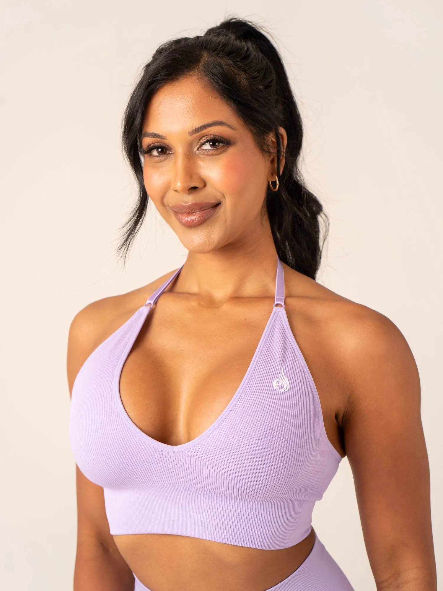 Breathable Structure Lift Rib Seamless Halter Sports Bra - Lavender