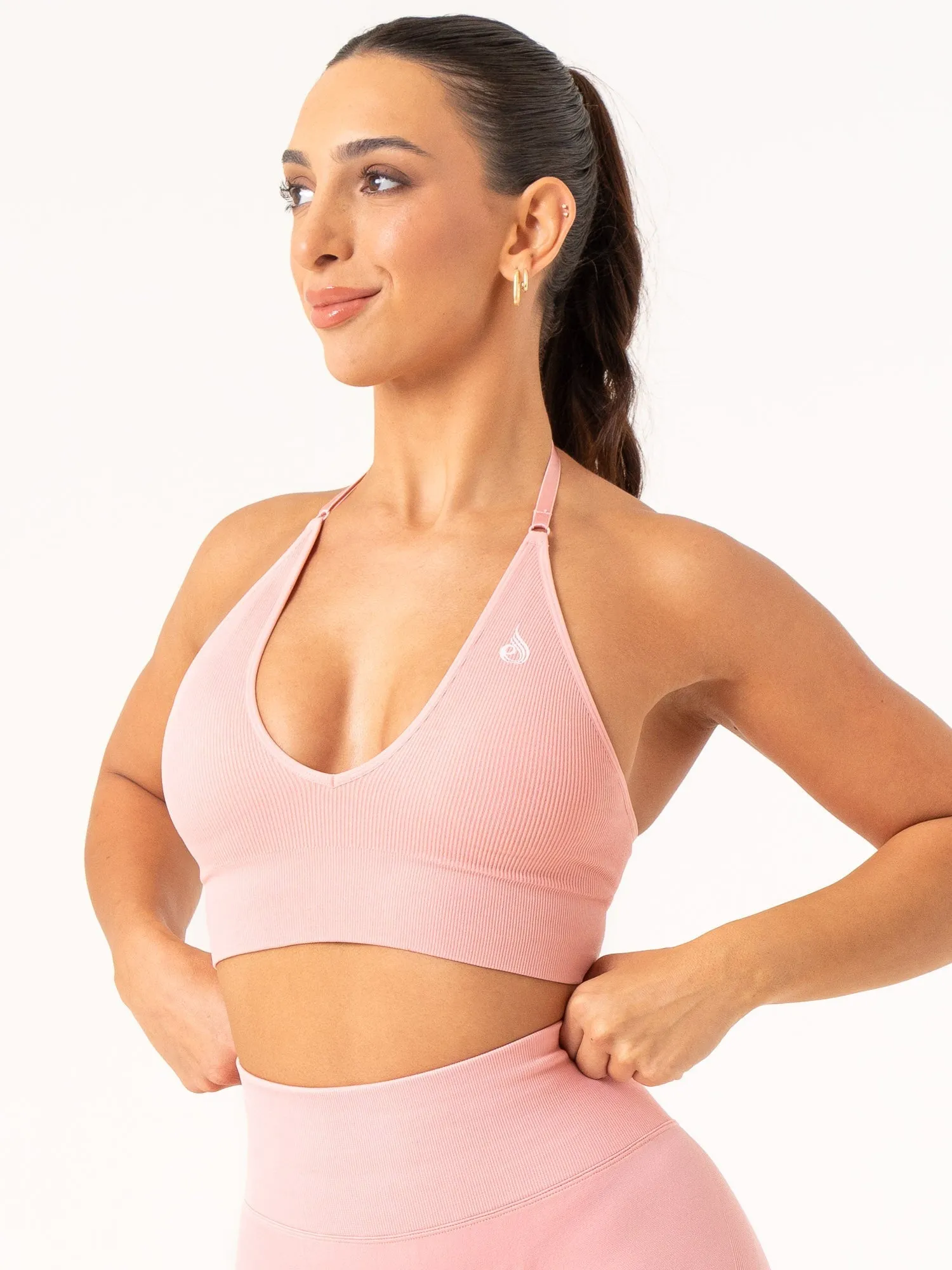 Snag Free Fabric Lift Rib Seamless Halter Sports Bra - Pink