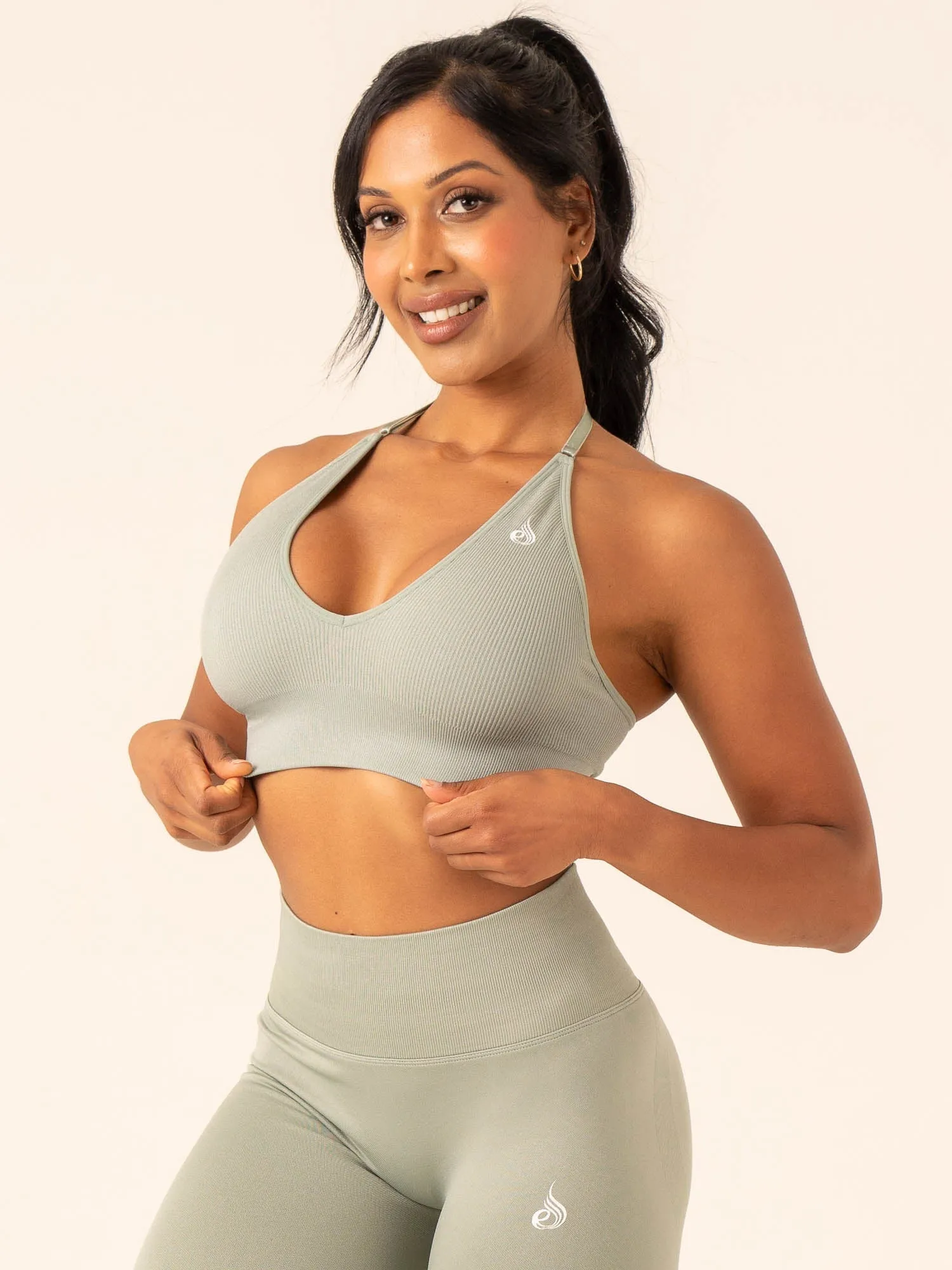 Zigzag stitching seams Sweat Guard Technology Lift Rib Seamless Halter Sports Bra - Sage