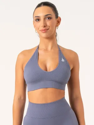 Lift Rib Seamless Halter Sports Bra - Slate Blue Mesh workout gear Breathable Support
