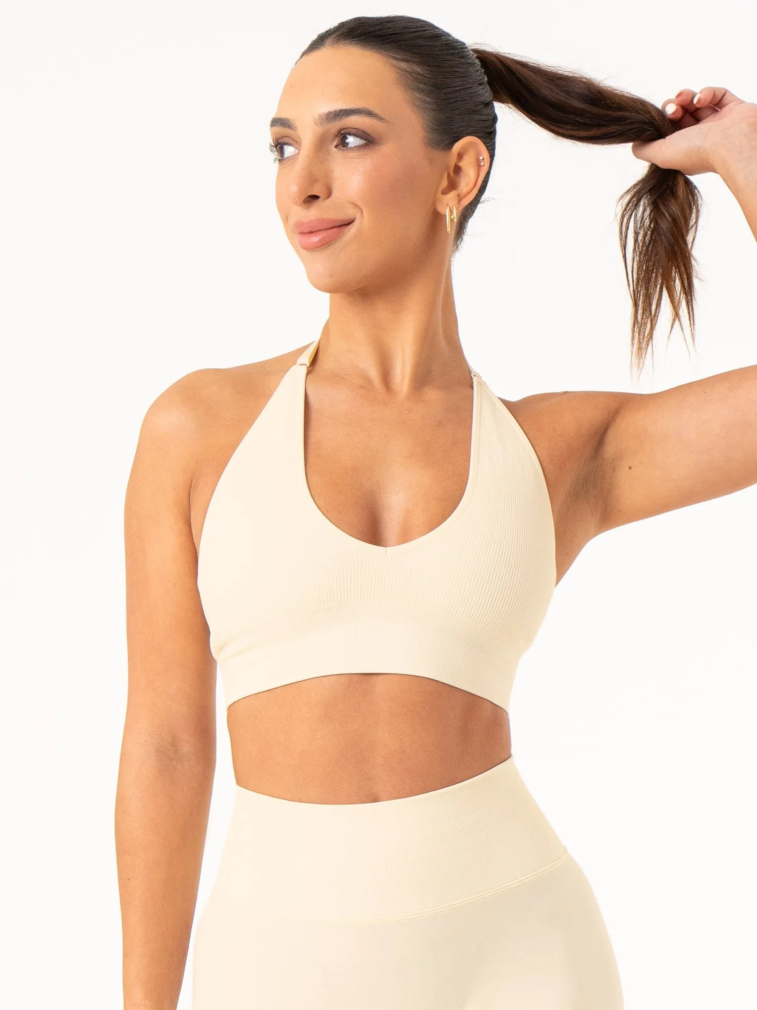 Comfortable Lift Rib Seamless Halter Sports Bra - Vanilla