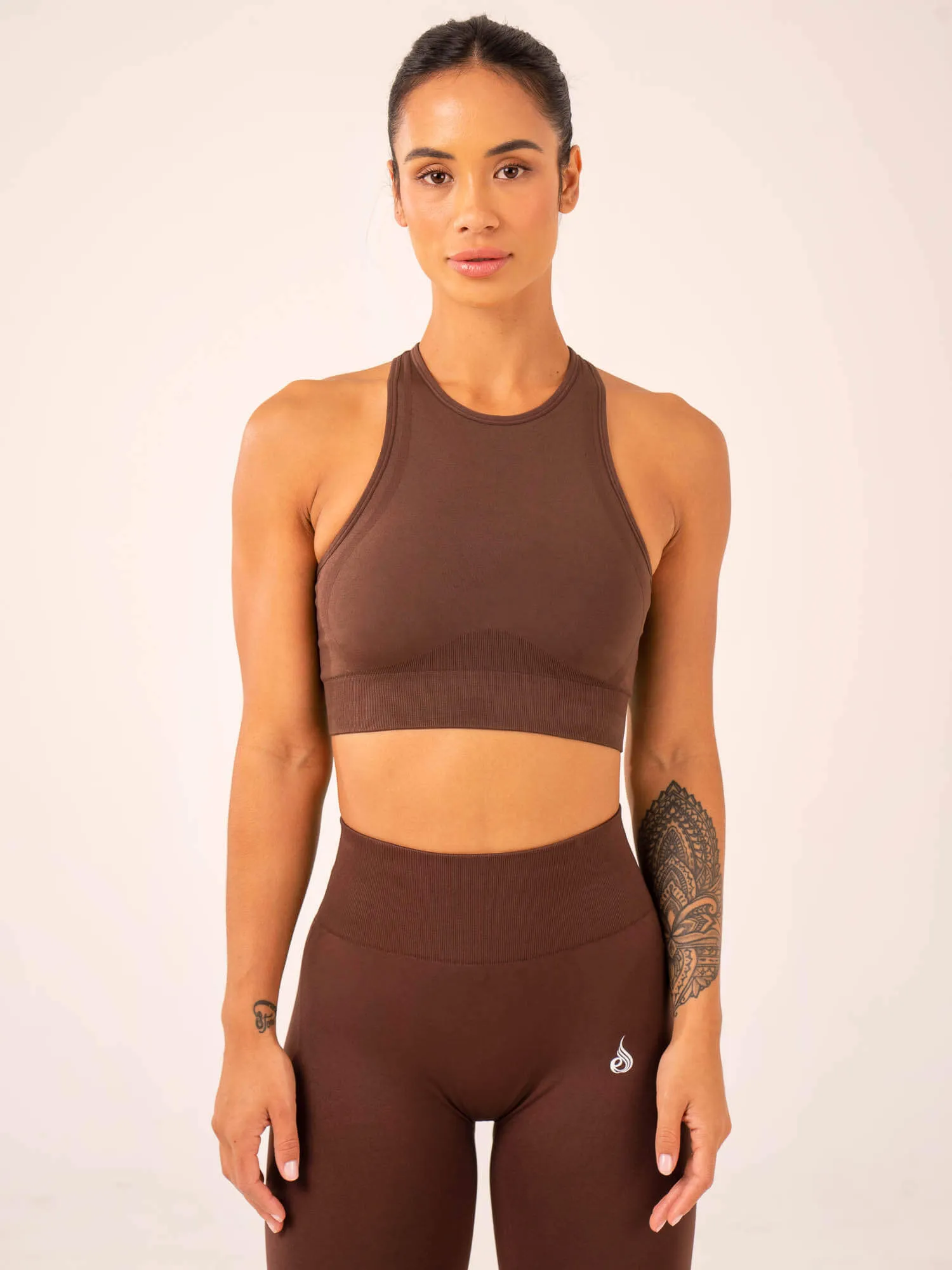 V-neck seams Lift Seamless High Neck Sports Bra - Chocolate