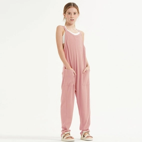 Tasseled youth clothing Drop Crotch Sleeveless Waffle Knit Jumpsuit - Dusty Pink