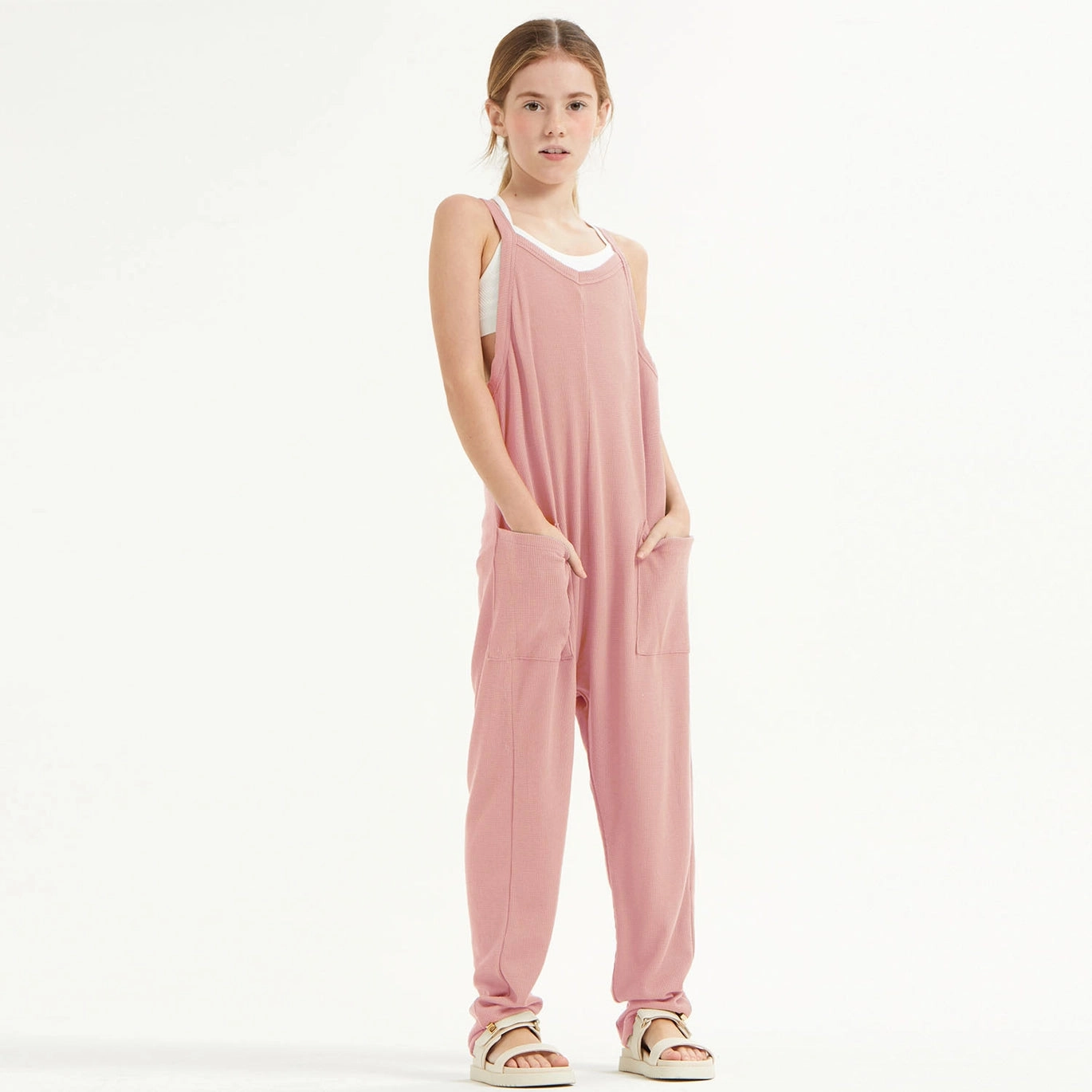 Tasseled youth clothing Drop Crotch Sleeveless Waffle Knit Jumpsuit - Dusty Pink