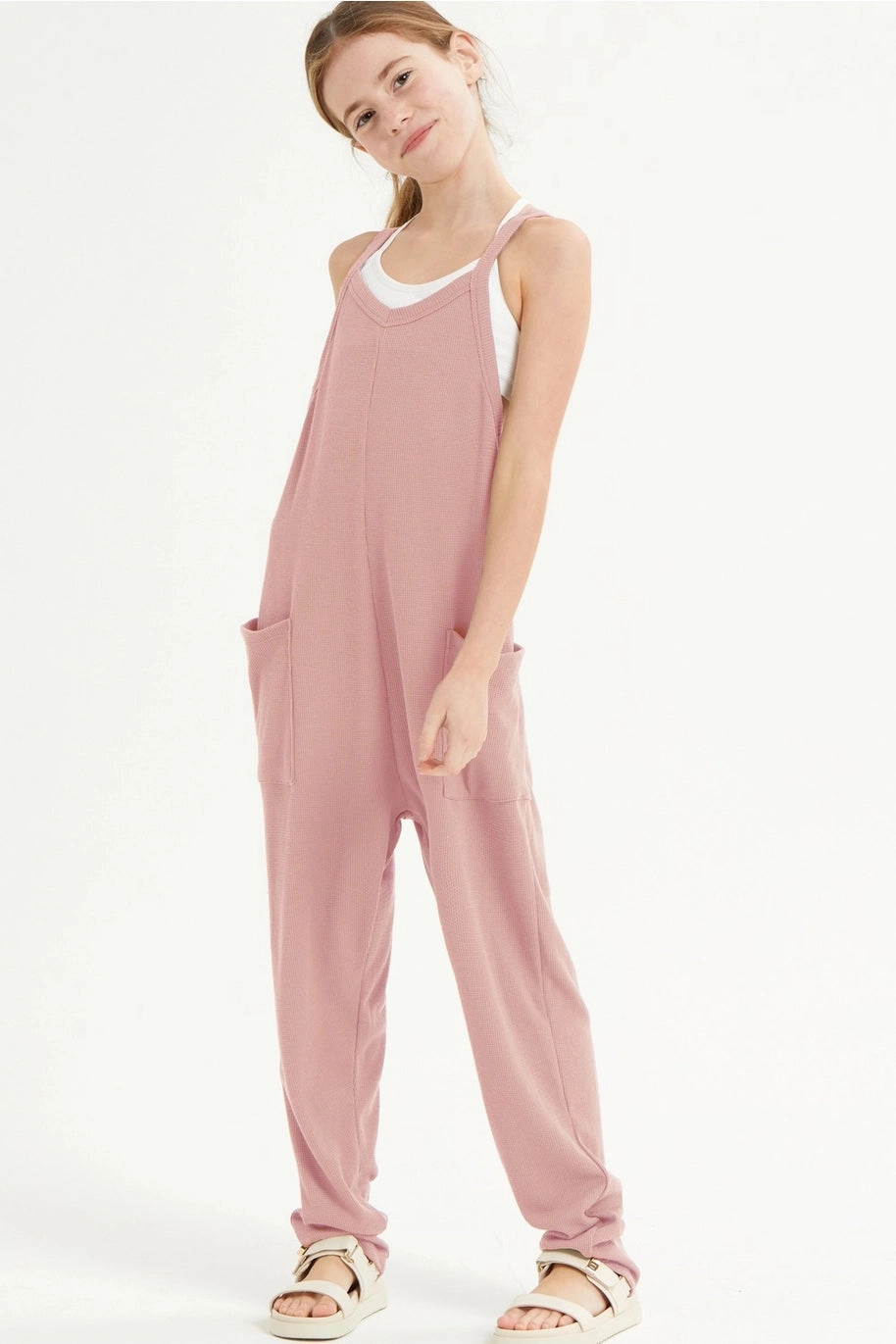 Drop Crotch Sleeveless Waffle Knit Jumpsuit - Dusty Pink Plus - size