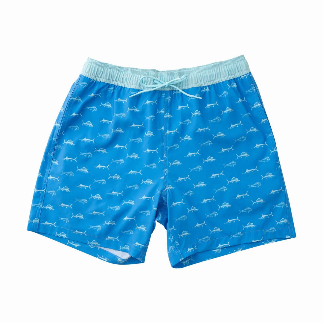Patterned kids' wear Seasonal Mens Boogie Board Swim Trunk in Fish Print on Marina Blue