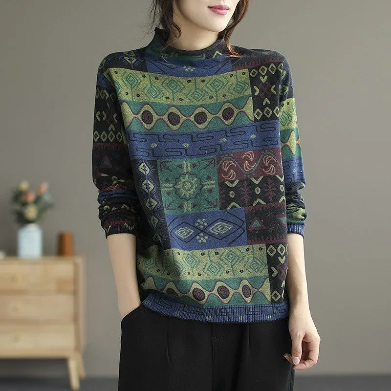 Babakud Women Autumn Printed Cotton Knit Sweater High Neckline Comfort Fit