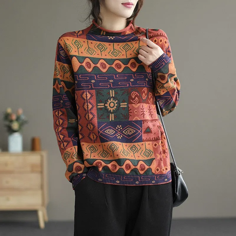 Babakud Women Autumn Printed Cotton Knit Sweater Stretchy Waistband
