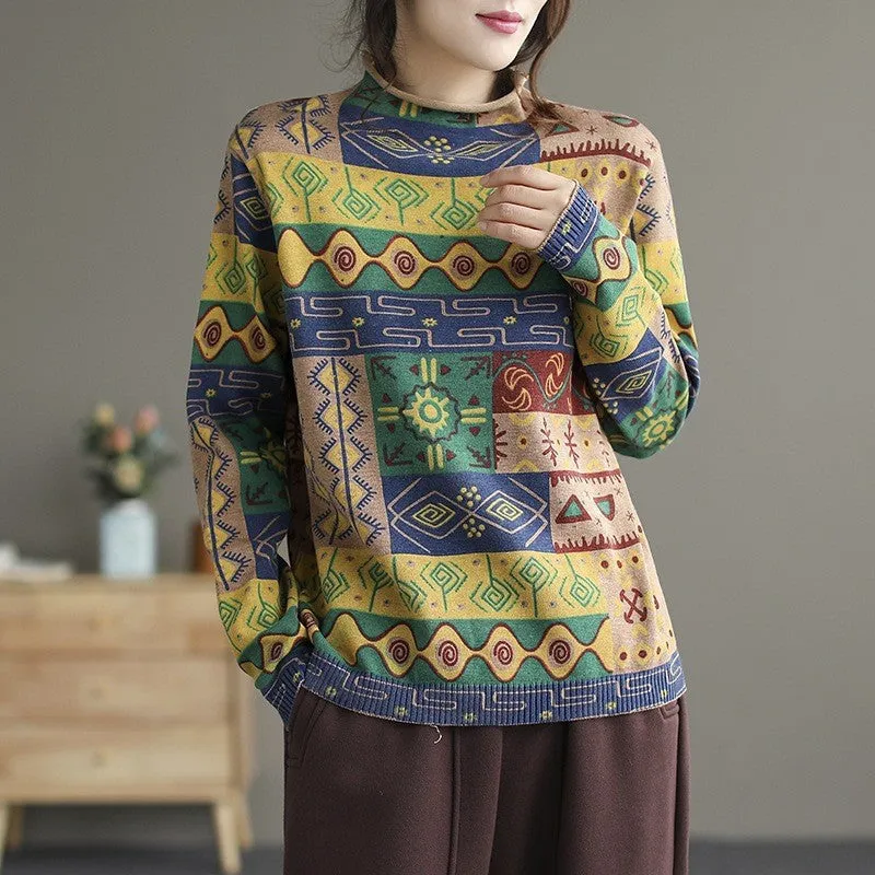 Babakud Women Autumn Printed Cotton Knit Sweater Cold-Weather Apparel