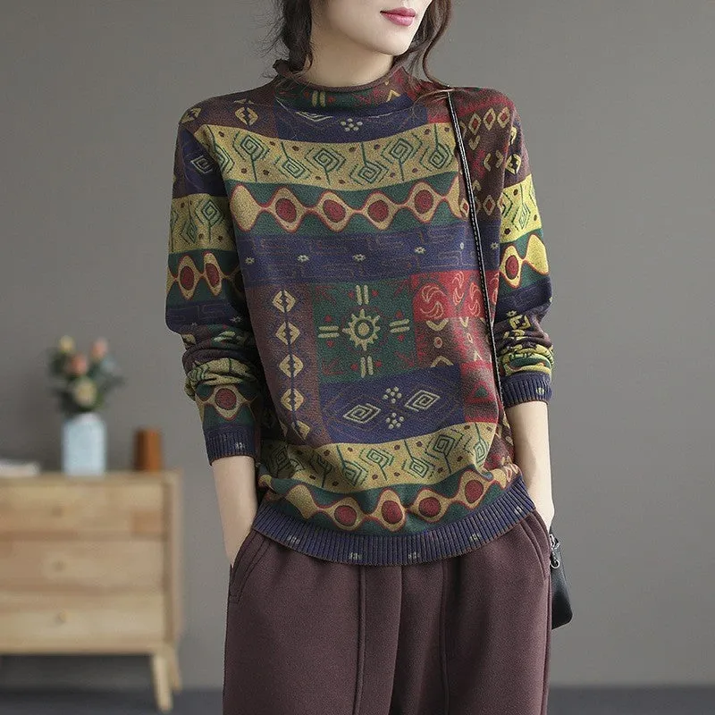 Sleek Look Sleek Waistband Babakud Women Autumn Printed Cotton Knit Sweater
