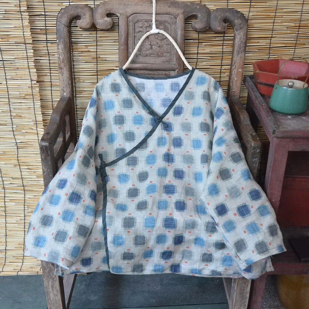 Anti Static Finish Women Spring Autumn Retro Printed Loose Linen Blouse