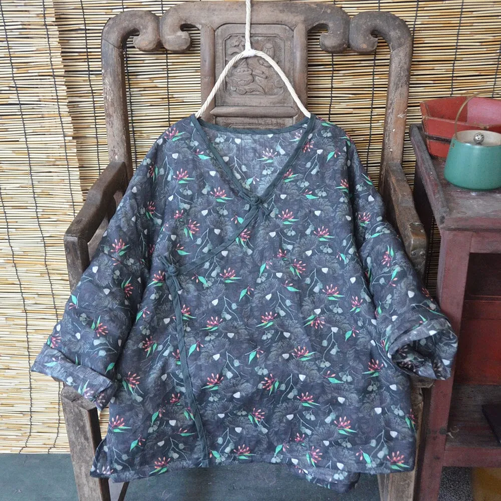 Women Spring Autumn Retro Printed Loose Linen Blouse Non Slip Shoulder Seams Roll Up Sleeve Design