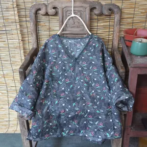 Women Spring Autumn Retro Printed Loose Linen Blouse Sustainable Choice