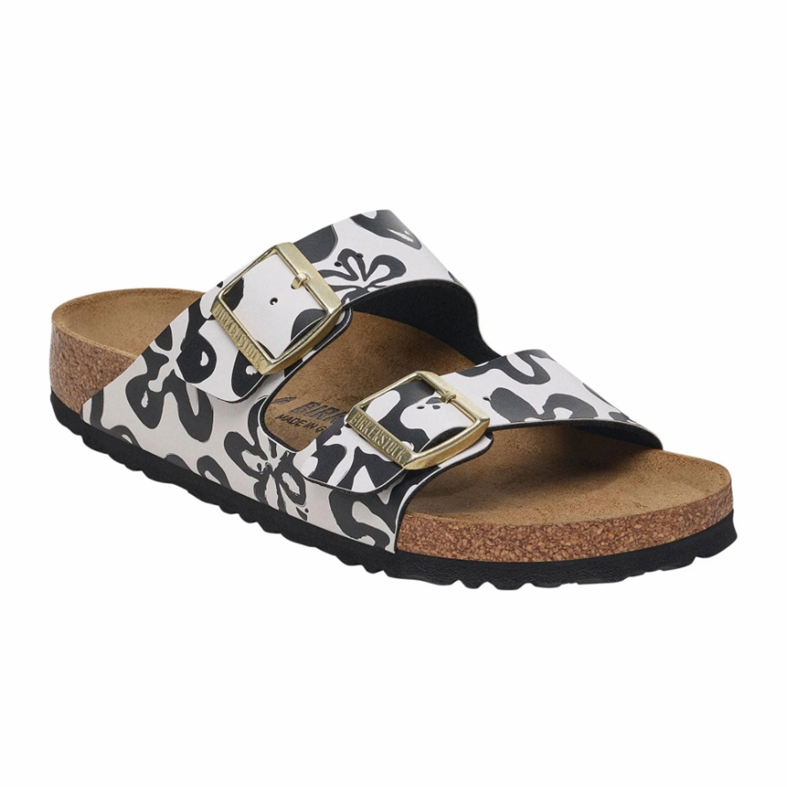 Flexible Birkenstock Arizona Narrow Slide Sandal (Women) - White/Black Blooms Birko-Flor