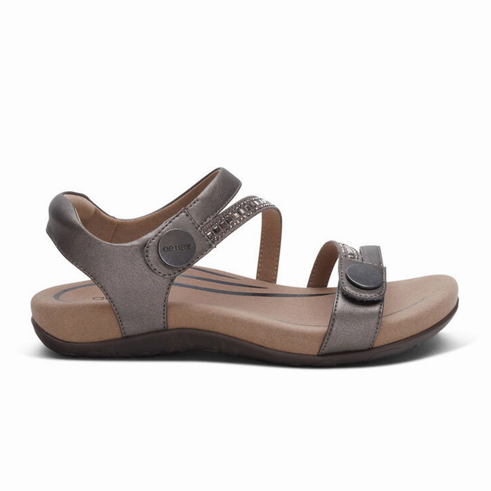 Aetrex Jess Jeweled Backstrap Sandal (Women) - Pewter Sparkle Stable breathable vents