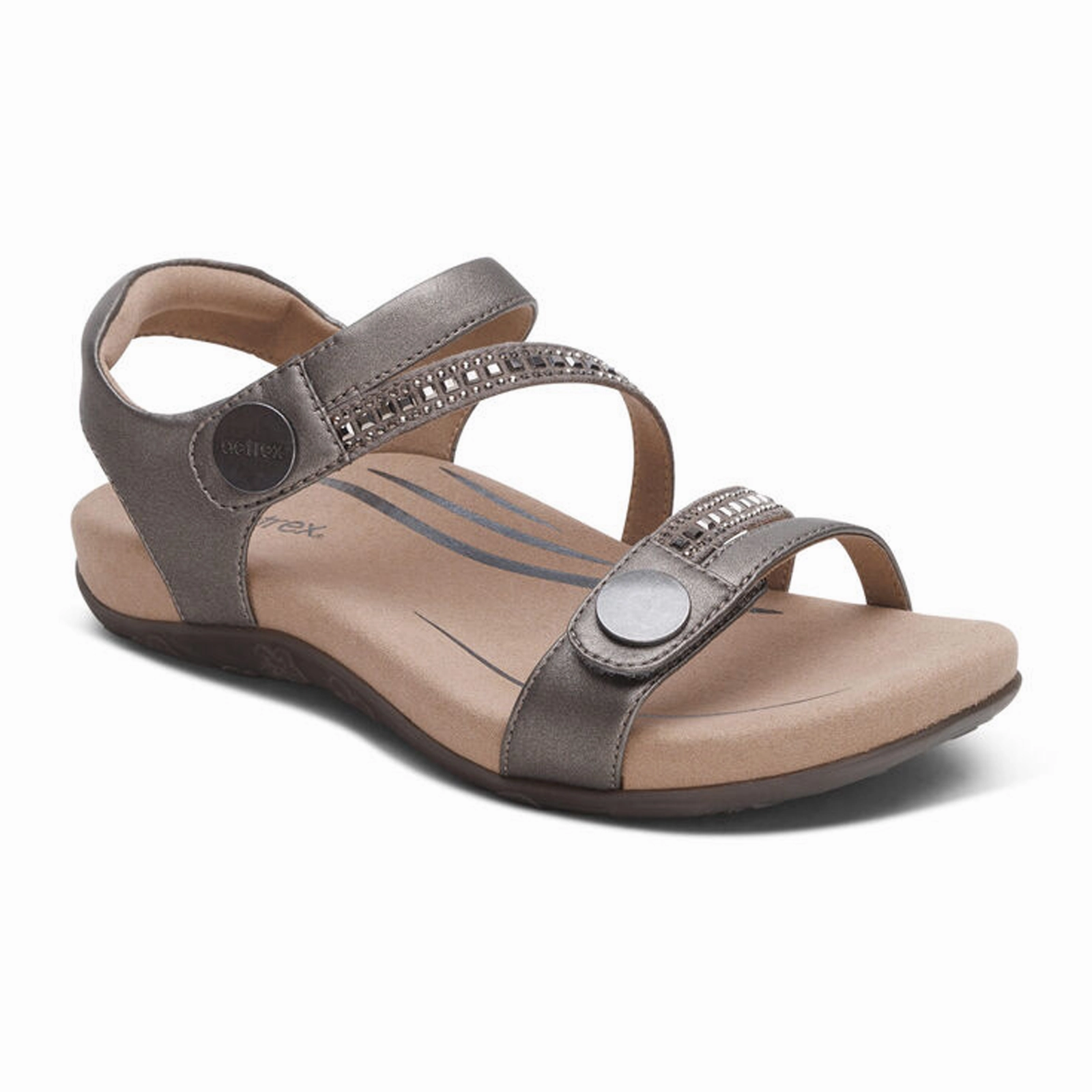 Comfortable foot fit Soft Footwear Aetrex Jess Jeweled Backstrap Sandal (Women) - Pewter Sparkle