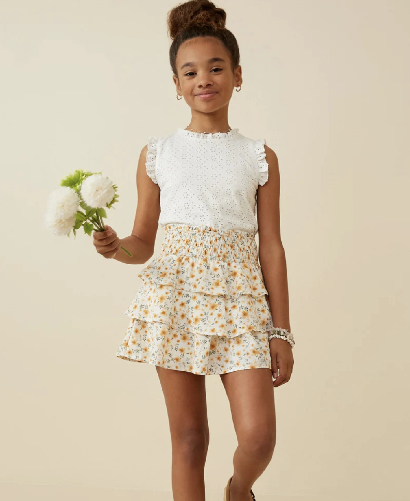 No - iron Girls Smocked Waist Tiered Ditsy Floral Skirt