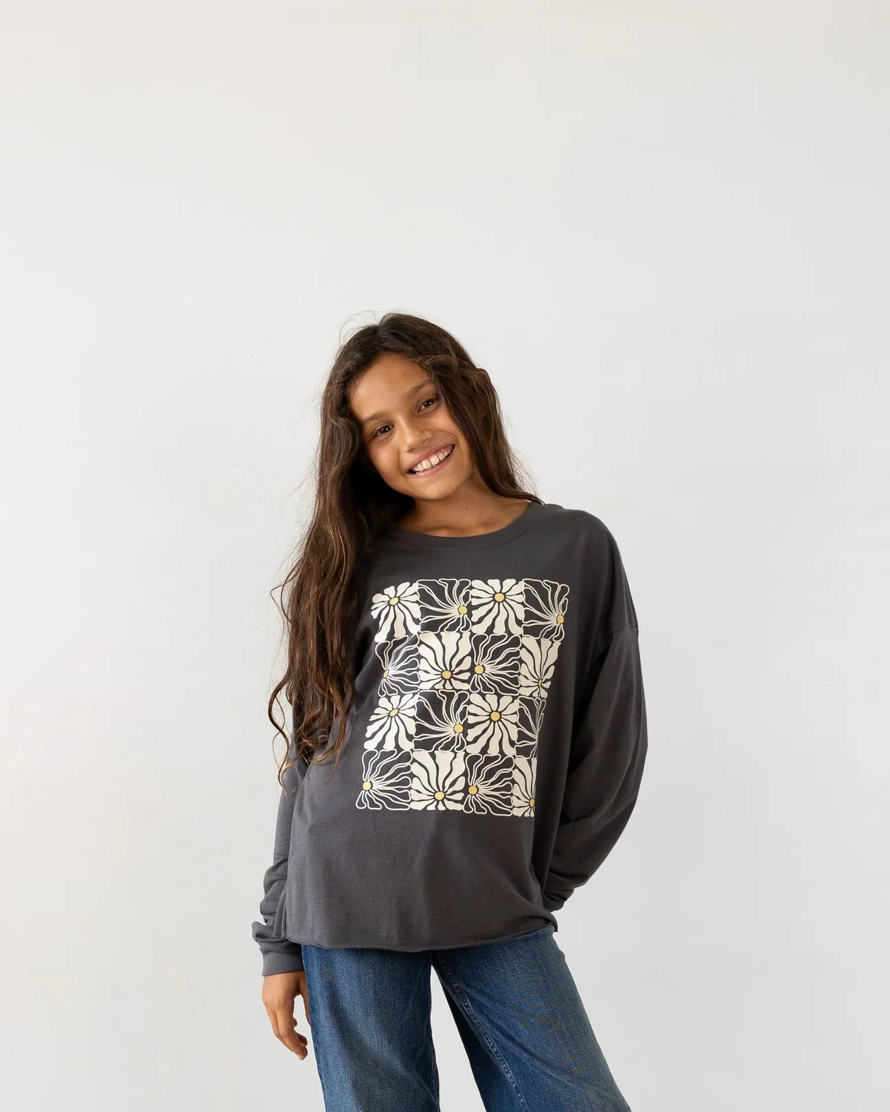 Long Sleeve Daisy Check Tee colorful Glossy